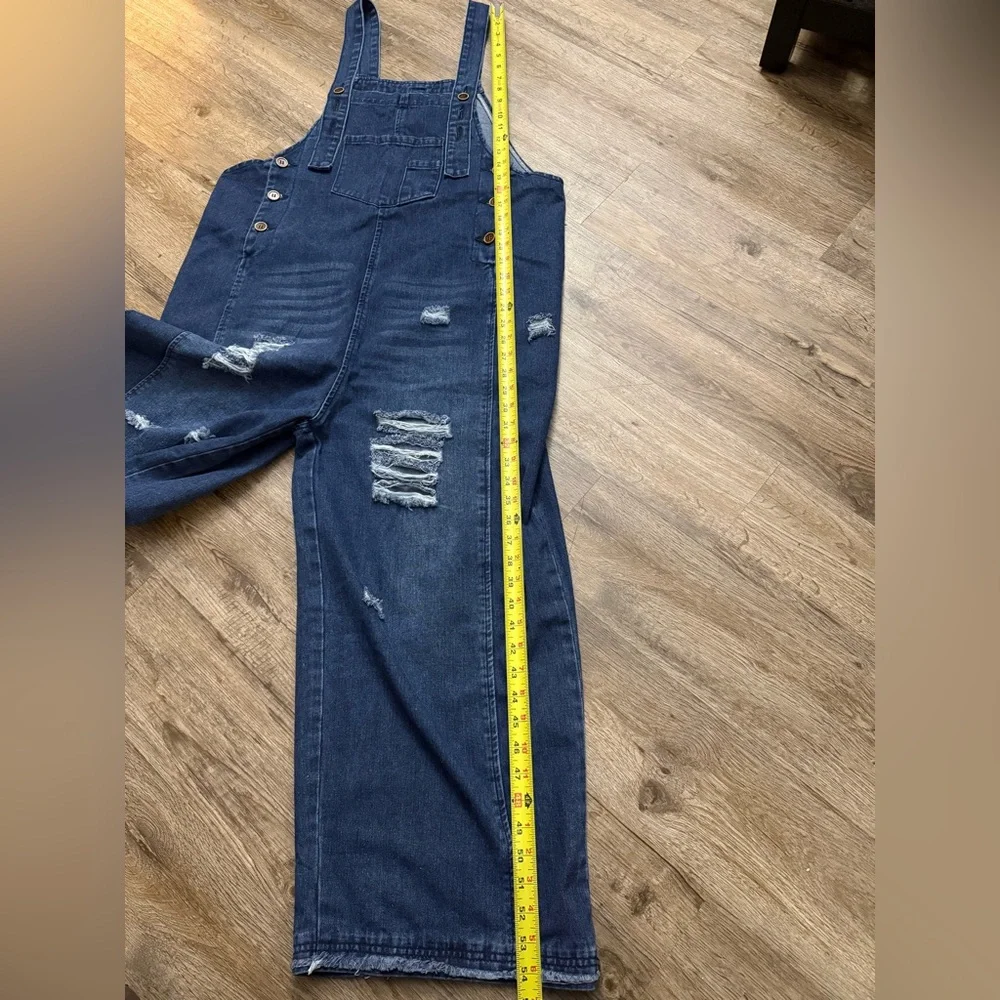 Wide Leg Distressed Oversized Jean Overalls - Picture 7 of 14